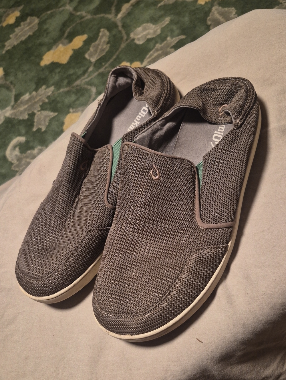 OluKai Gray Mesh Slip-On Loafers with Teal Accent